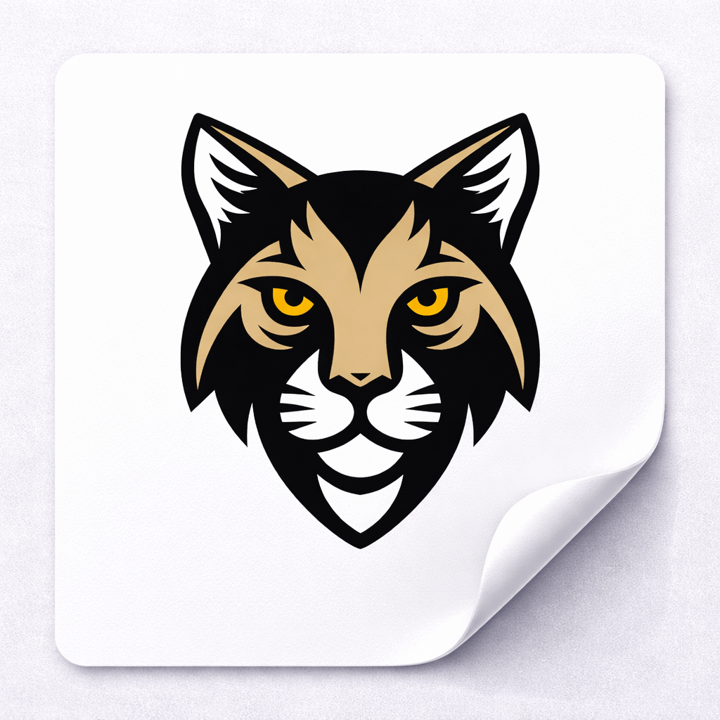 Custom sticker featuring a stylized lynx head design with striking yellow eyes and bold black and gold colors.