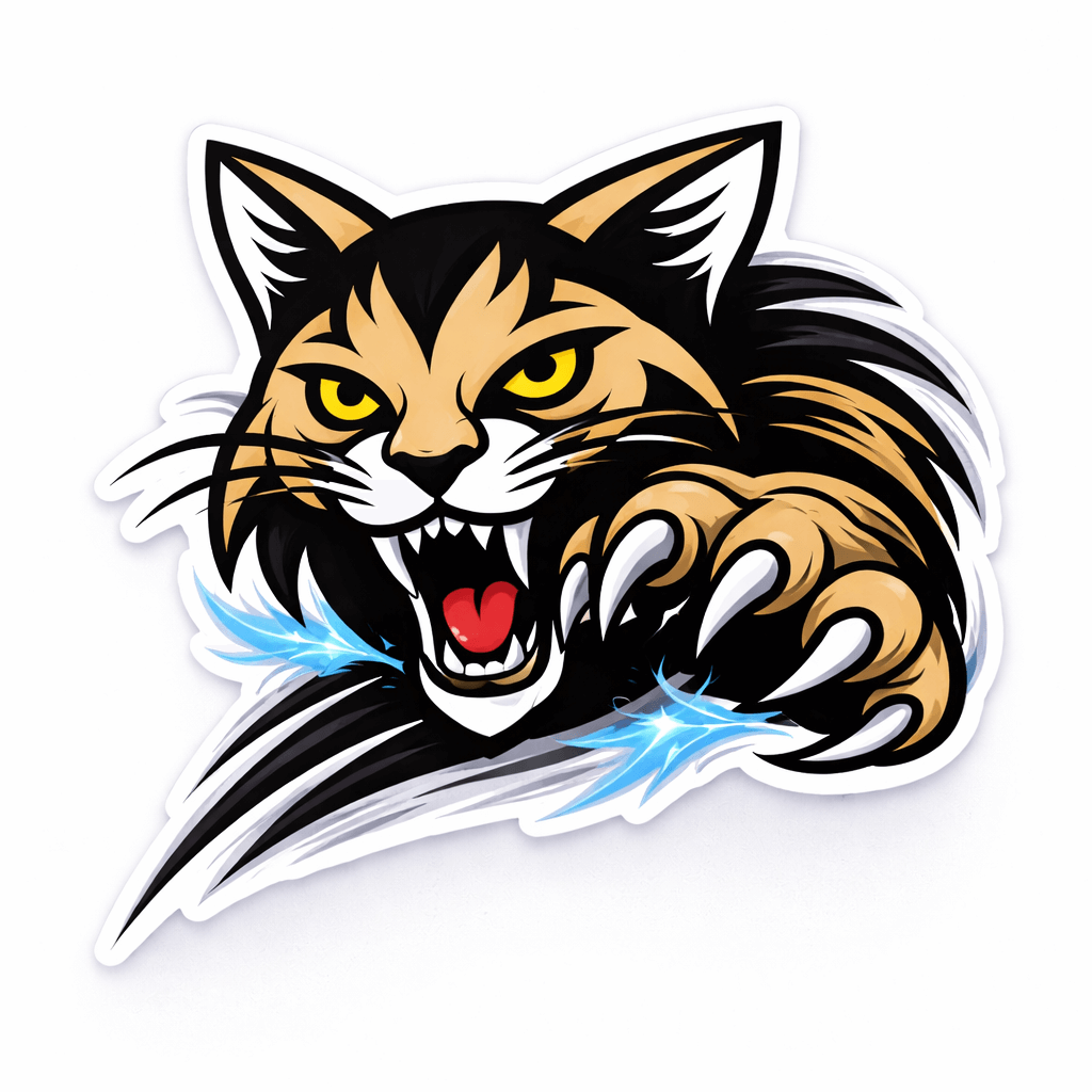 Custom stickers Canada featuring a fierce cat design with sharp claws and vibrant colors.