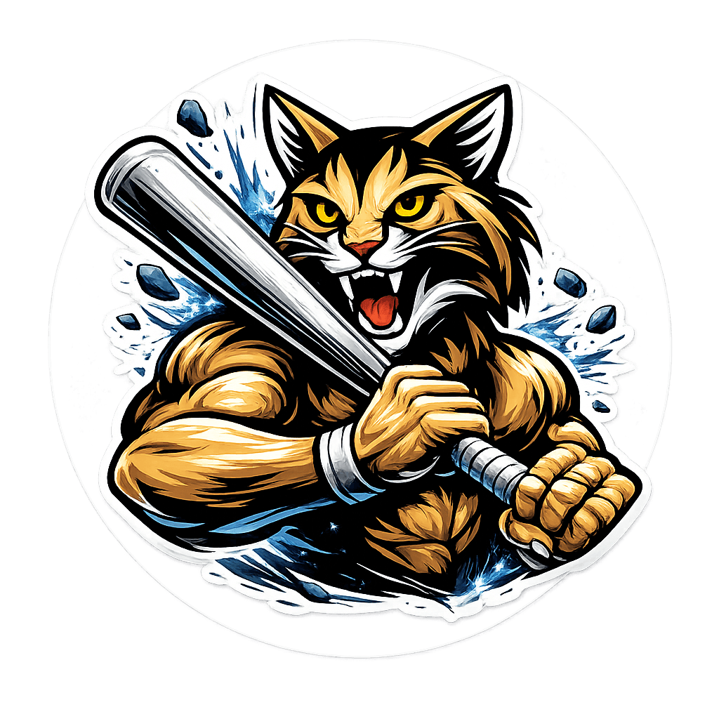 Fierce cat character holding a baseball bat, representing strength and determination in sports.